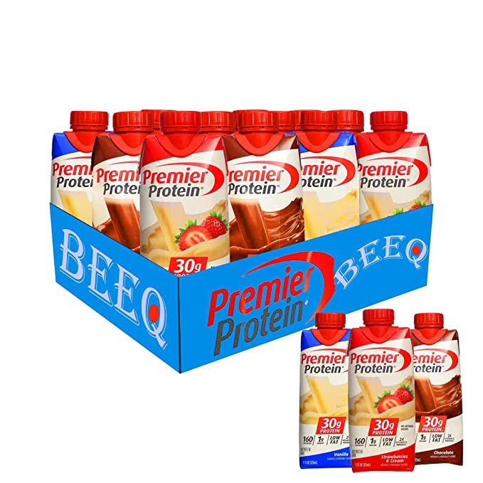  BEEQ BOX-VARIETY Protein Drinks High Protein Shake, 11 fl. oz., CHOCOLATE , Vanilla,strawberry&cream, 160 calories, 24 vitamins and minerals. pack of (12)  - 352154300506