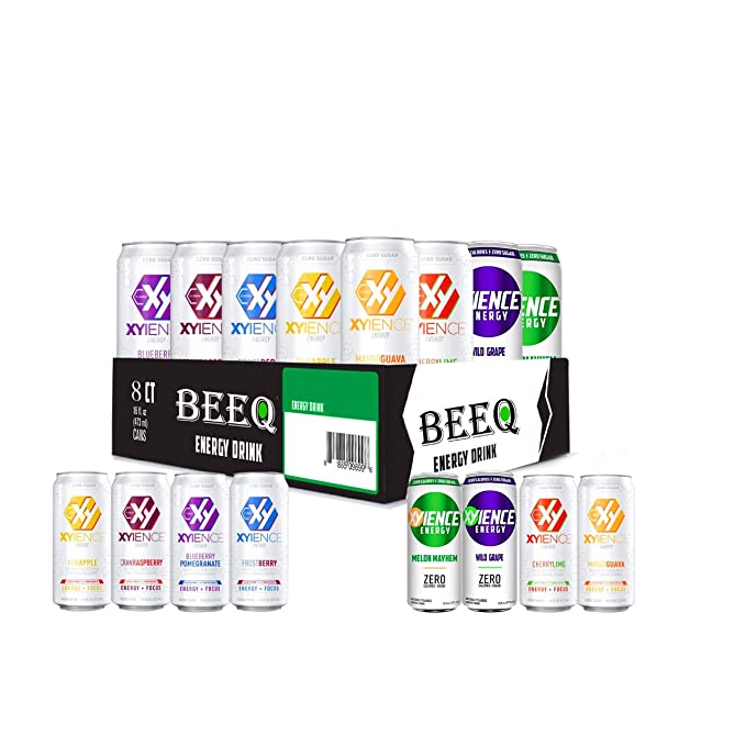  BEEQ- BOX XYIENCE Energy Drink Variety| Blue Pomegranate, cranraspberry, frostberry,grape, fuji apple, melon, cherry lime, mango guava | Sugar Free | Zero Calories | Natural Flavors | Vitamin Fortified | 16 Ounce (Pack of 8)  - 352154300780