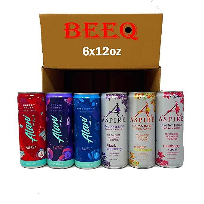  BEEQ-BOX VARIETY ENERGY DRINKS,Raspberry Acai,black raspberry,mango lemonade,cherry slush,cosmic stardust,breezeberry Sugar Free Energy Drink,12 oz Cans, 80 mg of Natural Caffeine, Zero Sugar, Coffee Substitute, Vitamins B & C, Keto, Vegan, and Kosher Fr - 352154302012