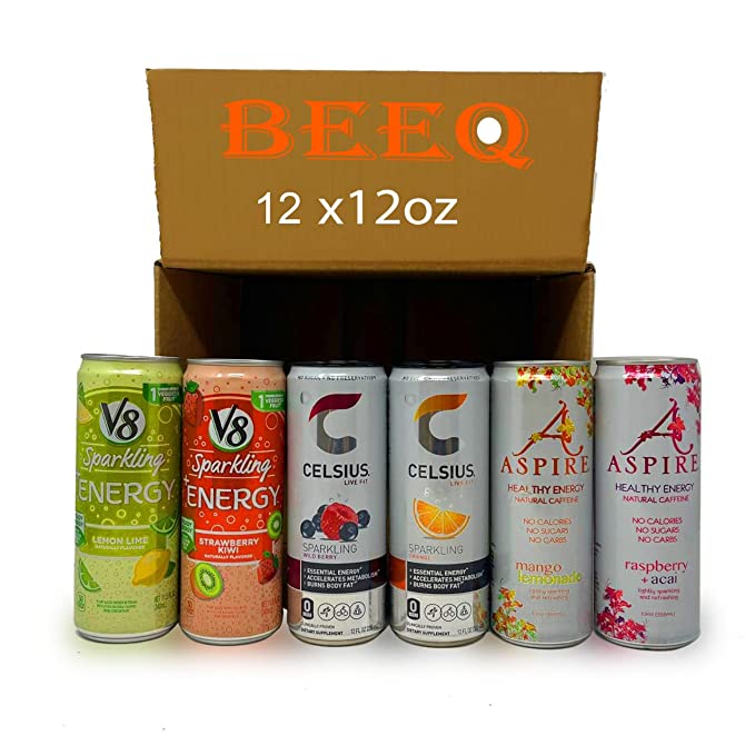 BEEQ-Box Variety Sparkling Energy Drinks,3 different brands, 6 different flavors, lemon lime, strawberry kiwi, wild berry,orange,mango lemonade, raspberry acai,No Sugar, No Preservatives No Artificial Flavors or Colors,gluten-free, vegan, soy-free, 12oz, - 352154302050
