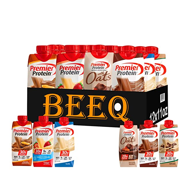  BEEQ BOX-VARIETY Protein Drinks High Protein Shake, 11 fl. oz., CHOCOLATE ,STRAWBERRY , CAFE LATTE,VANILLA,CHOCOLATE PEANUT BUTTER,CHOCOLATE HANZELNUT, 160 calories, 24 vitamins and minerals. pack of (12)  - 352154302135