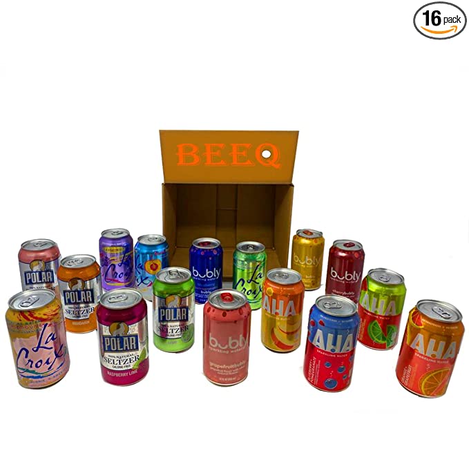  BEEQ-BOX VARIETY SPARKLING WATER, 4 DIFFERENT BRANDS, 16 DIFFERENT FLAVORS, Drinking Water Beverage Naturally Essenced |Made with Real Squeezed Fruit, 0% Calories, 0% Sweeteners, and 0% Sodium, pack of (16)  - 352154302197