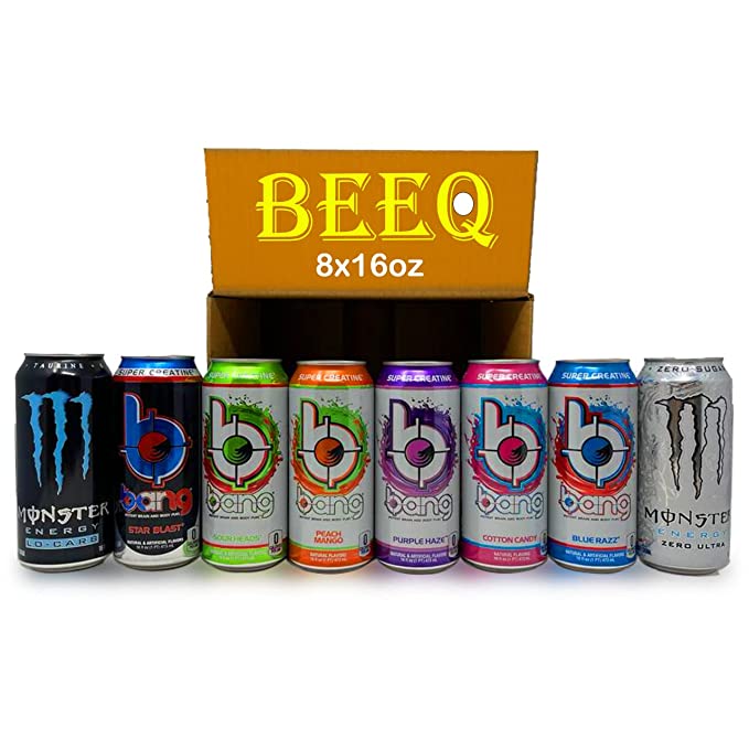  BEEQ BOX ENERGY DRINK VARIETY PACK, 2 different brands, 8 different flavors, star blast, sour heads, peach mango, purple haze, cotton candy, blue razz, zero ultra, lo-carb, 0 Calories, Sugar Free with Super Creatine, 16oz, 8 pack  - 352154302296