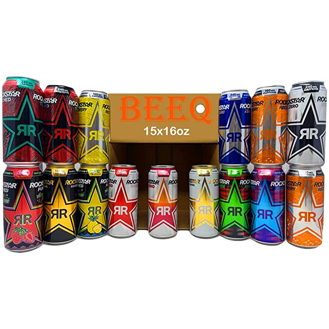  BEEQ Box Rockstar Energy Drink, 15 different flavors, 0 Sugar, with Caffeine and Taurine, 16oz Cans (15 Pack)  - 352154302449
