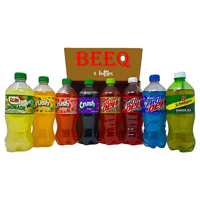 BEEQ BOX SODA Variety Pack, 4 different brands,8 different flavors| ginger ale|mtn dew voltage,code red, major melon| grape,peach,pineapple,lemonade| Caffeine free, 20 oz bottle, pack of (8) - 352154302678