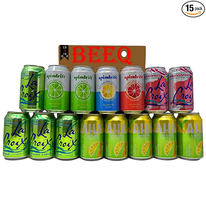BEEQ BOX VARIETY SPARKLING WATER|3 DIFFERENT BRANDS| 5 DIFFERENT FLAVORS|Citrus + Green Tea Flavored Water, Lime, Passionfruit,grapefruit, lemon|Unsweetened, no added sugar, Gluten-free, non-GMO, with Caffeine & Electrolytes, Zero Calories, Sodium Free,1 - 352154302838