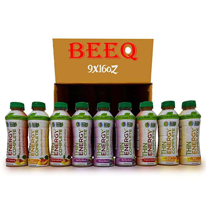 BEEQ Energy Drink Variety Pack, 3 Different Flavors, Baja Peach Mango, Tropical Splash, Berry Blast, blend of elderberry, zinc, and Vitamin D from the amla superfruit, and Santa Herba, 16 oz, Pack of 9 - 352154303279