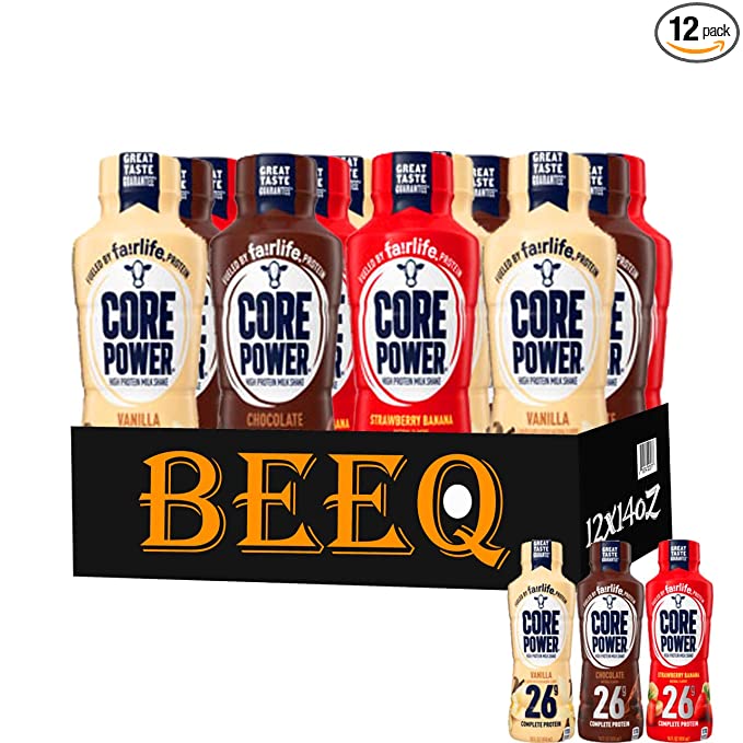 Core Power Protein- 12 Pack, 3 Different Flavors,Vanilla,Chocolate,Strawberry Banana - 26G Bottles, 14 fl oz, .IN BEEQ BOX - 352154303828