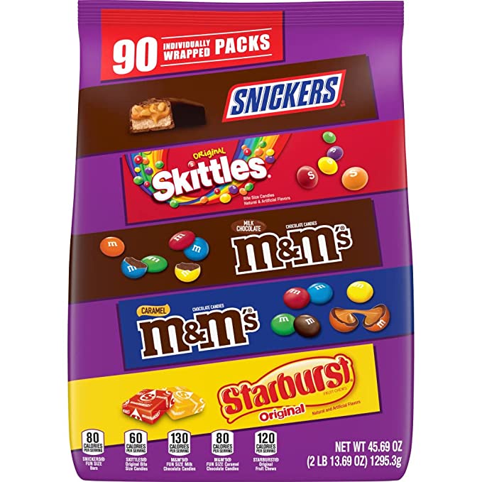SNICKERS, M&M'S Milk Chocolate, M&M'S Caramel, SKITTLES & STARBURST Candy Variety Mix, 45.69-Ounce Bag, 90 Pieces - 040000557258