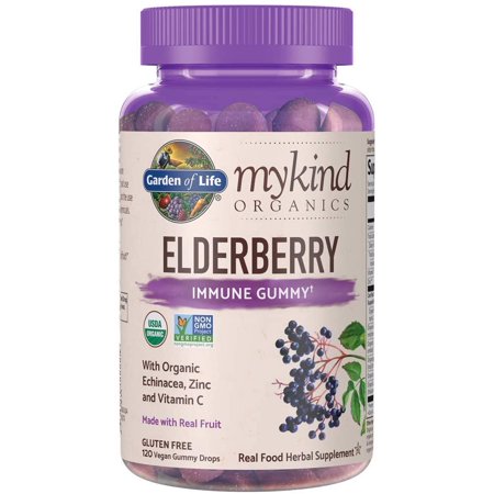 Garden of Life mykind Organics Elderberry Plant Based Immune Gummy - 120 Real Fruit Gummies for Kids & Adults - Echinacea, Zinc & Vitamin C, No Added Sugar Herbal Supplements - 370301692700