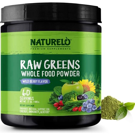 NATURELO Raw Greens Superfood Powder - Wild Berry Flavor - Boost Energy, Detox, Enhance Health - Organic Spirulina - Wheat Grass - Whole Food Nutrition from Fruits & Vegetables - 60 Servings - 370301696760