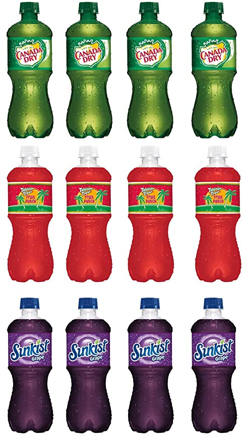  LUV BOX-Variety Soft Drinks Pack , 20 oz , Pack of 12, CANADA DRY GINGER ALE , TAHITIAN TREAT FRUIT PUNCH , SUNKIST GRAPE  - 370621493285