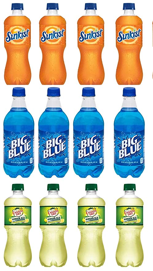  LUV BOX-Variety Soft Drinks Pack , 20 oz , Pack of 12, SUNKIST ORANGE , Big Blue , CANADA DRY GINGER ALE AND LEMONADE  - 370621493391