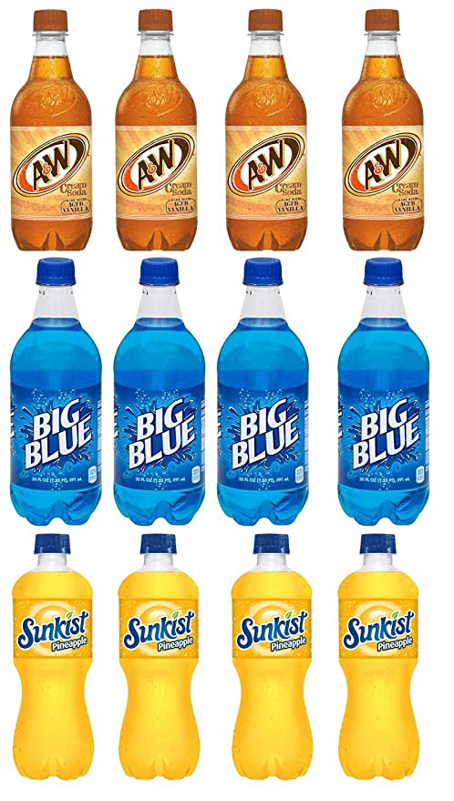 LUV BOX-Variety Soft Drinks Pack , 20 oz , Pack of 12, A&W CREAM SODA - CAFFEINE FREE , SUNKIST PINEAPPLE , Big Blue  - 370621493995