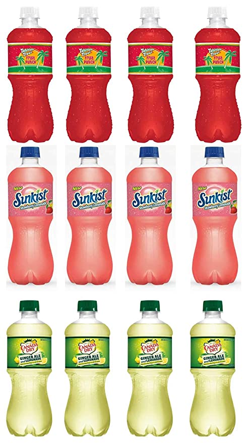 LUV BOX-Variety Soft Drinks Pack , 20 oz , Pack of 12, TAHITIAN TREAT FRUIT PUNCH , CANADA DRY GINGER ALE AND LEMONADE , Sunkist Strawberry Lemonade - 370621494480