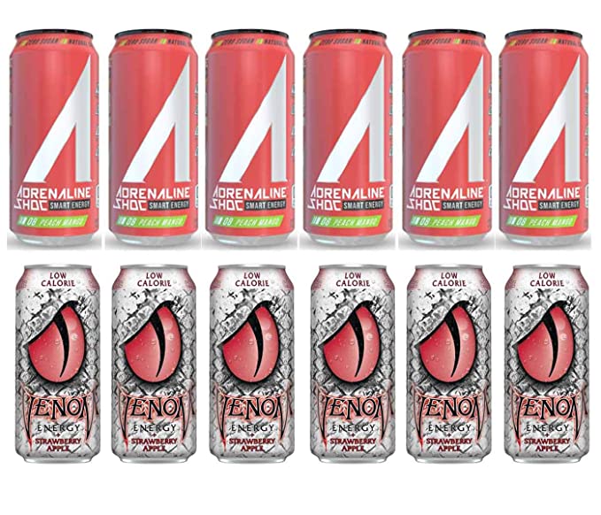 LUV BOX- variety Energy drink 16 oz. pack of 12 , Adrenaline Shoc Smart Energy Peach mango, VENOM LOW CALORIE STRAWBERRY APPLE ENERGY DRINK. By Evaxo - 370621570245
