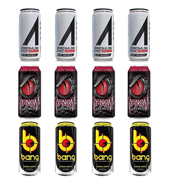 LUV BOX- variety Energy drink 16 oz. pack of 12 , Adrenaline Shoc Smart Energy Frozen ice , VENOM BLACK MAMBA ENERGY DRINK , Bang Lemon Drop .by evaxo - 370621578609