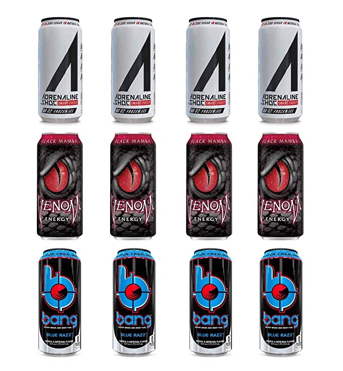 LUV BOX- variety Energy drink 16 oz. pack of 12 , Adrenaline Shoc Smart Energy Frozen ice , VENOM BLACK MAMBA ENERGY DRINK , Bang Blue Razz .by evaxo - 370621578630