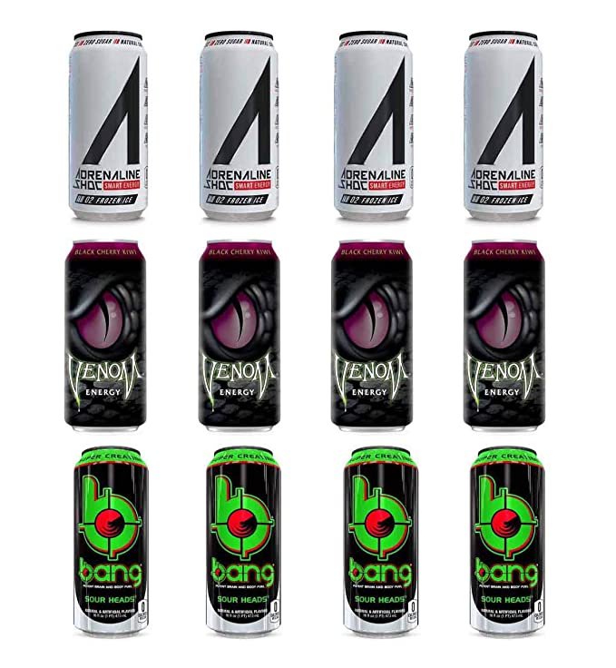 LUV BOX- variety Energy drink 16 oz. pack of 12 , Adrenaline Shoc Smart Energy Frozen ice , VENOM BLACK CHERRY KIWI ENERGY DRINK , Bang Sour Heads .by evaxo - 370621580770