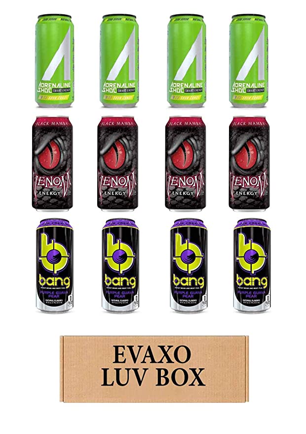 LUV BOX- variety Energy drink 16 oz. pack of 12 , Adrenaline Shoc Smart Energy Sour candy , VENOM BLACK MAMBA ENERGY DRINK , Bang Pear Guava .by evaxo - 370621586833