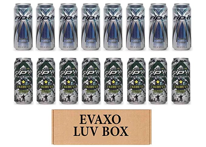 LUV BOX- Variety Rip It Energy Fuel Drinks 16 oz. pack of 16 , RIP IT Power Sugar Free , RIP IT Tribute Sugar Free. by evaxo - 370621598799