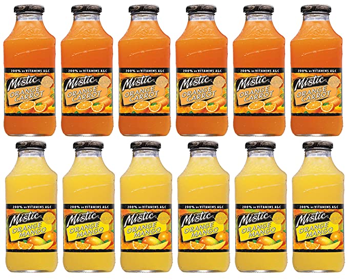 LUV-BOX Variety MISTIC JUICE DRINK pack , pack of 12 , 16 fl oz , Glass bottle , ORANGE CARROT , ORANGE MANGO - 370621607057