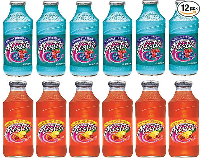 LUV-BOX Variety MISTIC JUICE DRINK pack , pack of 12 , 16 fl oz , Glass bottle , BAHAMA BLUEBERRY , TROPICAL FRUIT PUNCH - 370621607248