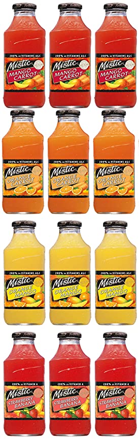 LUV-BOX Variety MISTIC JUICE DRINK pack , pack of 12 , 16 fl oz , Glass bottle , MANGO CARROT , ORANGE CARROT , ORANGE MANGO ,STRAWBERRY BANANA - 370621607378