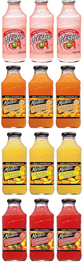 LUV-BOX Variety MISTIC JUICE DRINK pack , pack of 12 , 16 fl oz , Glass bottle , KIWI STRAWBERRY ,ORANGE CARROT , ORANGE MANGO , STRAWBERRY BANANA - 370621607408