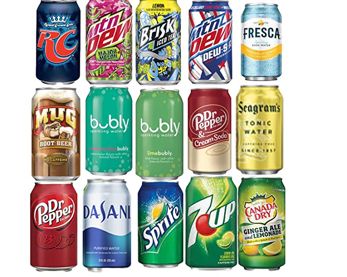 EVAXO LUV BOX VARIETY SODA CANS , ORIGINAL 12 OZ , PACK OF 15 ( RC , MTN DEW MAJOR LEMON&CODE RED , BRISK , FRESCA , MUG ROOT BEER , BUBLY WATERMELON , BUBLY LIME , DR PEPPER CREAM SODA , SEAGRAM'S TONIC WATER , DR PEPPER ORIGINAL , DASANI , SPRITE , 7 U - 384921867769