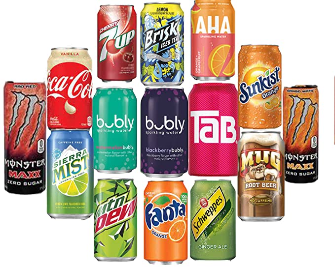 EVAXO LUV BOX VARIETY SODA CANS , ORIGINAL 12 OZ , PACK OF 15 ( MONSTER MAXX RAD RED & MANGO MATIC , SIERRA MIST , VANILLA COKE , 7 UP CHERRY , BUBLY WATERMELON&BLACKBERRY , BRISK , MTD DEW , FANTA , AHA PEACH TEA , TAB , SCHWEPPES GINGER ALE , SUNKIST O - 384921867790