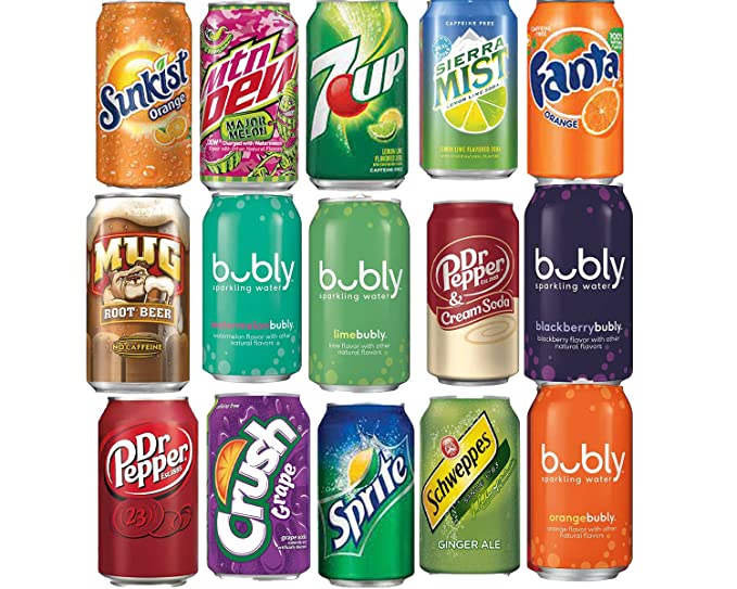 EVAXO LUV BOX VARIETY SODA CANS , ORIGINAL 12 OZ , PACK OF 15 ( SUNKIST ORANGE , 7 UP , CRUSH GRAPE , MTN MAJOR MELON ,MUG ROOT BEER , SCHWEPPES GINGER ALE , BUBLY BLACK BERRY & ORANGE& LIME & WATER MELON , SIERRA MIST , DR PEPPER ORIGINAL&CREAM SODA , S - 384921867813