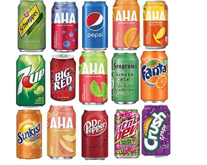 EVAXO LUV BOX VARIETY SODA CANS , ORIGINAL 12 OZ , PACK OF 15 ( AHA BLUEBERRY POMEGRANATE & LIME WATERMELON & ORANGE & CAFFEINE PEACH TEA & STRAWBERRY& PEACH HONEY , MTN MAJOR MELON ,SEAGRAM'S GINGER ALE , 7 UP , SUNKIST ORANGE , SCHWEPPES GINGER ALE , P - 384921867943