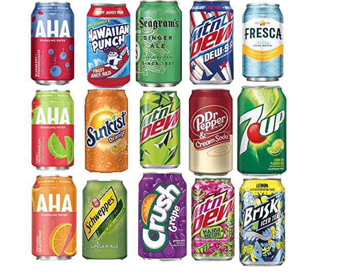  EVAXO LUV BOX VARIETY SODA CANS , ORIGINAL 12 OZ , PACK OF 15 ( AHA BLUEBERRY POMEGRANATE & LIME WATERMELON & ORANGE , HAWAIIAN PUNCH , MTN , MTN CODE RED , MTN MAJOR MELON ,SEAGRAM'S TONIC WATER , 7 UP , BIG RED , DR PEPPER CREAM SODA , CRUSH GRAPE , SC - 384921867998