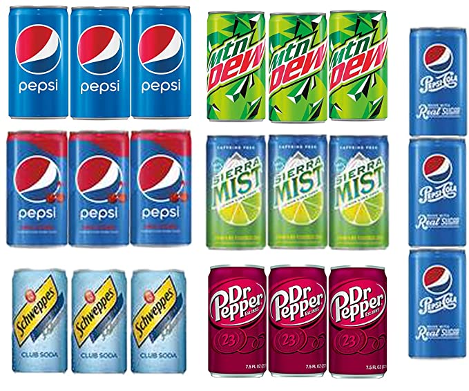  EVAXO LUV BOX - VARIETY (ORIGINAL PEPSI , PEPSI REAL SUGAR , PEPSI WILD CHERRY , MOUNTAIN DEW , SCHWEEPS CLUB SODA ,DR PEPPER , SIERRA MIST ) 7.5 OZ , PACK OF 21  - 384921895373