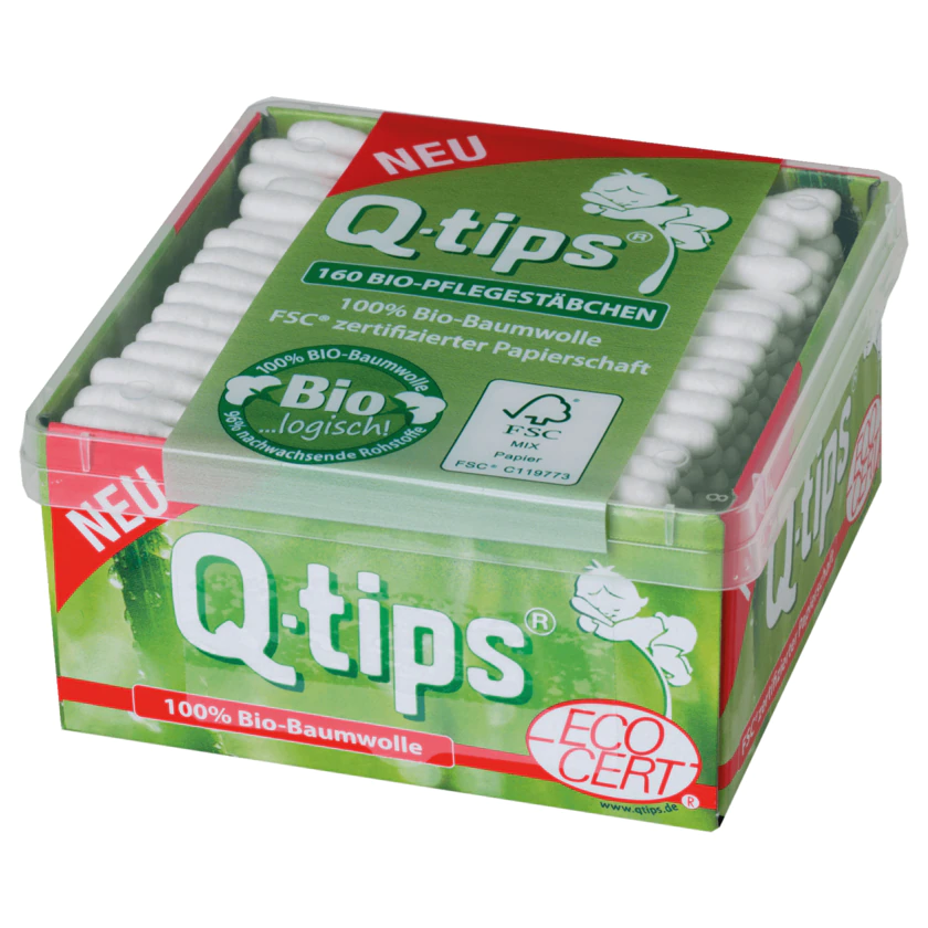 Q-Tips Bio Wattestäbchen Box 160 Stück - 4000576016463