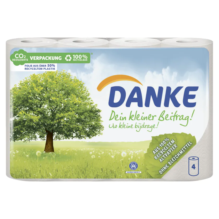 Danke Haushaltstücher Rollen 3-lagig aus 100% Recycling Papier 4x45 Blatt - 4006670363519