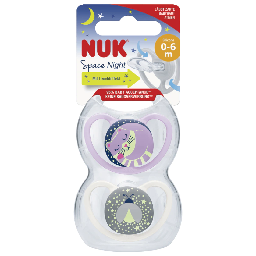 Nuk Space Night mit Leuchteffekt Silicone 0-6 Monate 2 Stück - 4008600371533