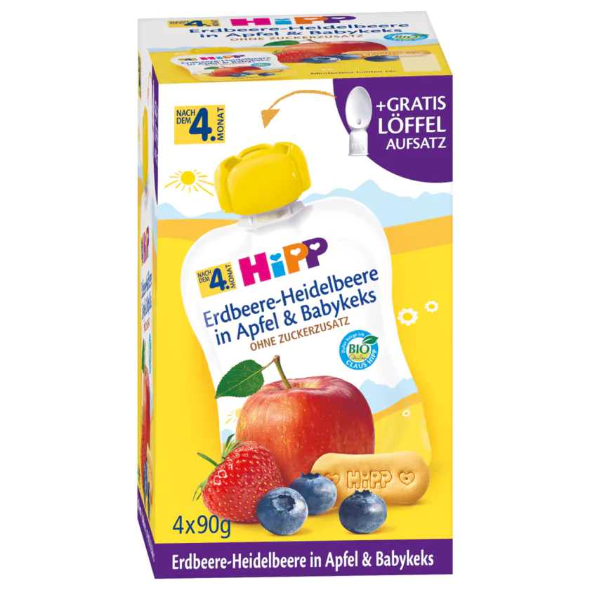 Hipp Bio Erdbeere-Heidelbeere in Apfel und Babykeks 4x90g - 4062300320123
