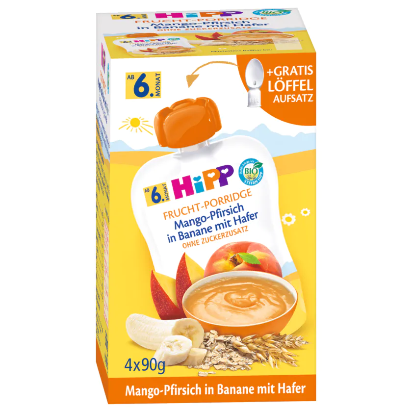 Hipp Frucht-Porridge Mango-Pfirsich in Banane mit Hafer 4x90g - 4062300343450
