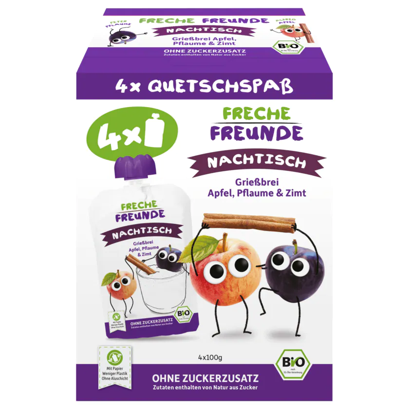 Freche Freunde Bio Quetschspaß Nachtisch Grießbrei ohne Zuckerzusatz 4x100g - 4260618524916