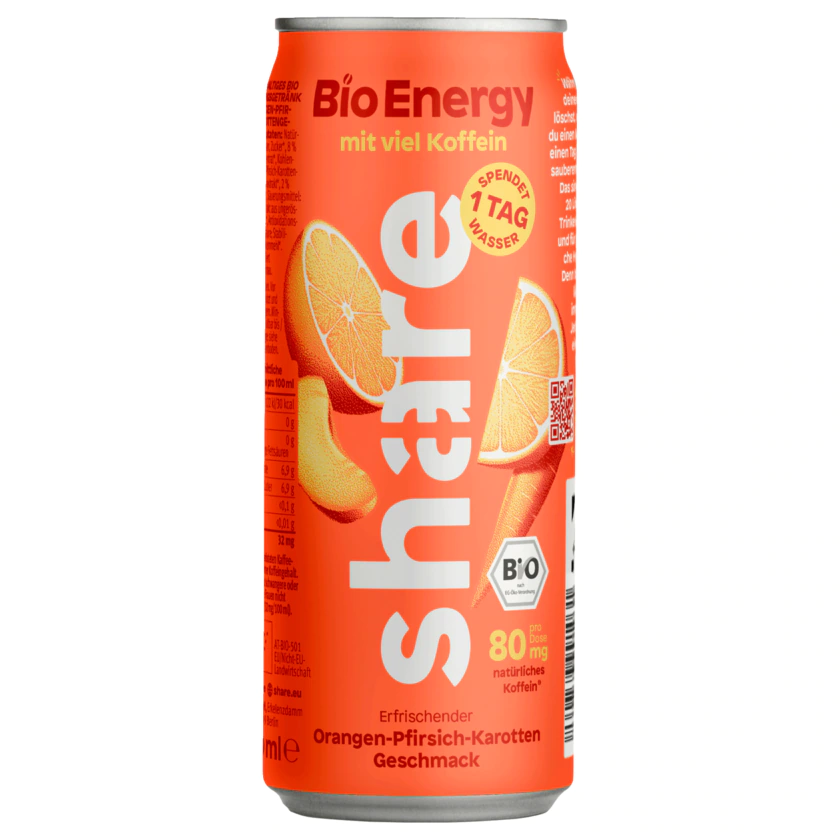share Bio Energy Drink mit viel Koffein Orangen Pfirsich Karotten Geschmack 0,25l - 4260739991031