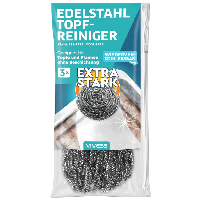 Vivess Edelstahl Topfreiniger Extra Stark 3 Stück - 4337256038539