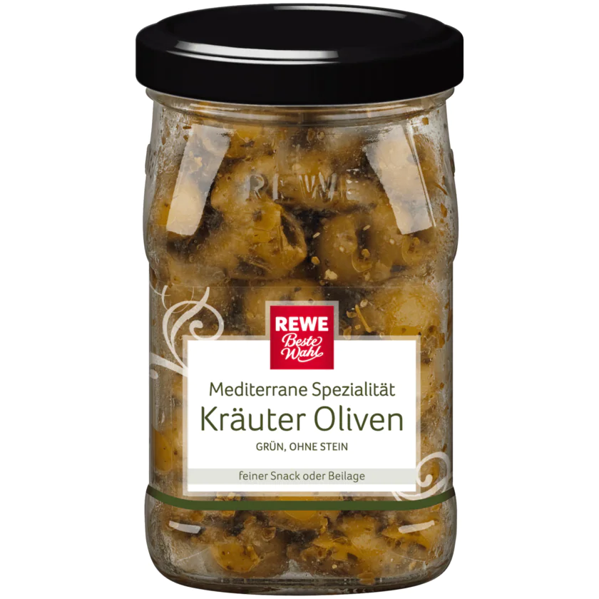 REWE Beste Wahl Kräuter-Oliven ohne Stein 150g - 4337256049139