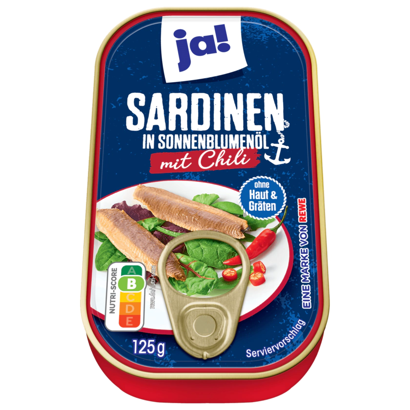 ja! Sardinen in Sonnenblumenöl mit Chili ohne Haut und ohne Gräten 125g - 4337256074827