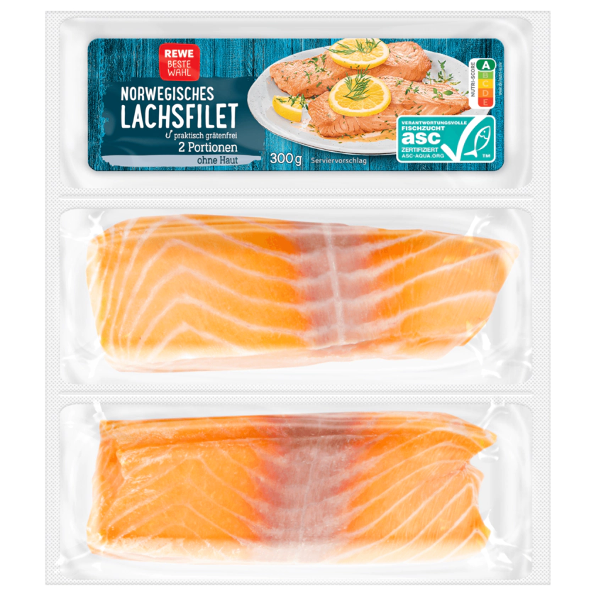 REWE Beste Wahl Norwegisches Lachsfilet ohne Haut 300g - 4337256085410