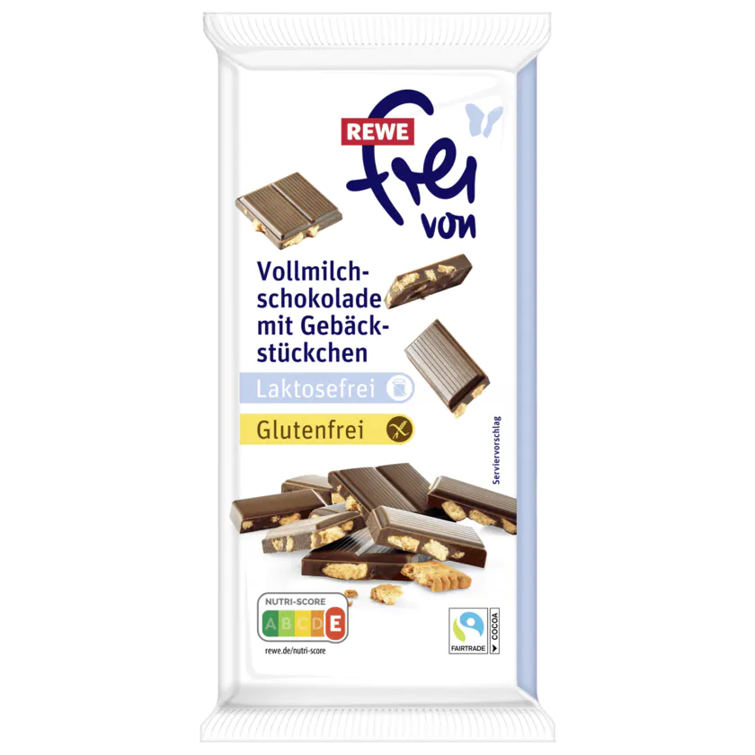 REWE frei von Vollmilchschokolade mit Gebäckstücken laktosefrei glutenfrei 100g - 4337256116084