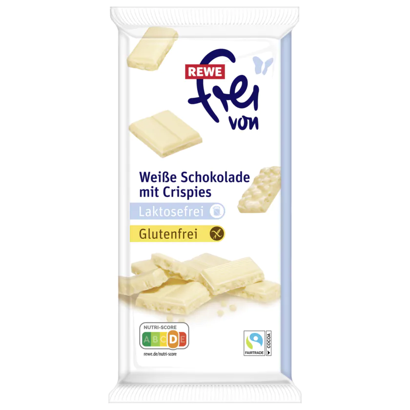 REWE frei von Weiße Schokolade mit Crispies laktosefrei glutenfrei 100g - 4337256122412