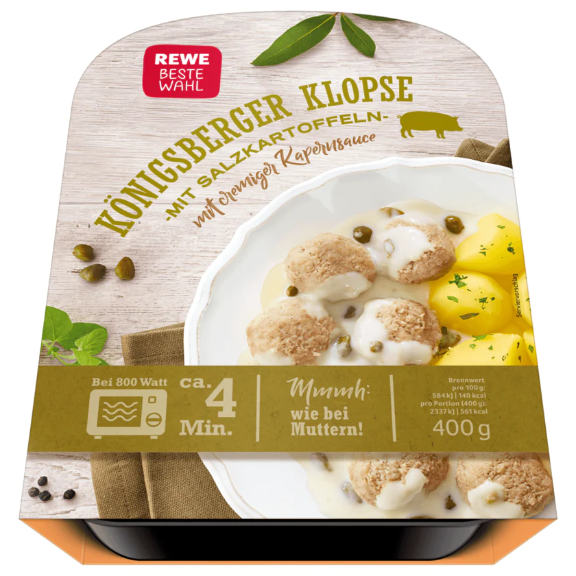 REWE Beste Wahl Königsberger Klopse mit Salzkartoffeln mit cremiger Kapernsauce 400g - 4388860079838