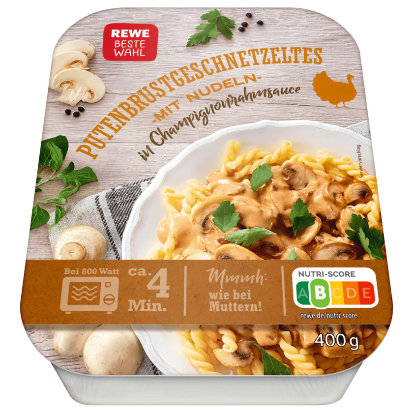 REWE Beste Wahl Putengeschnetzeltes mit Nudeln in Champingnonrahmsauce 400g - 4388860080070